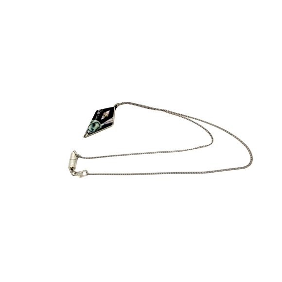 Vintage Silver Inlaid Mother of Pearl and Jet Art Deco Design Pendant 18" Chain - Picture 6 of 6